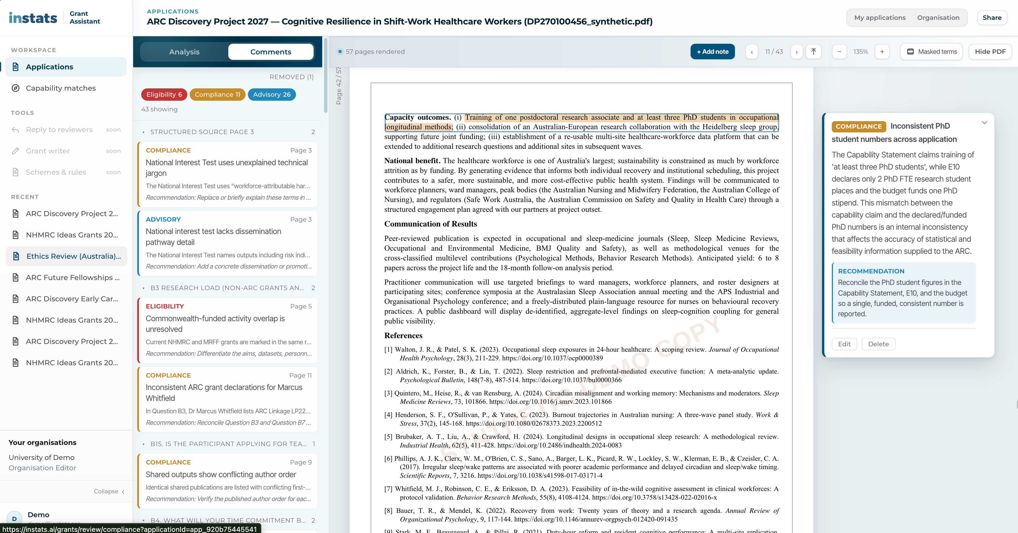 Actual Grant Assistant interface with original PDF and anchored reviewer comments