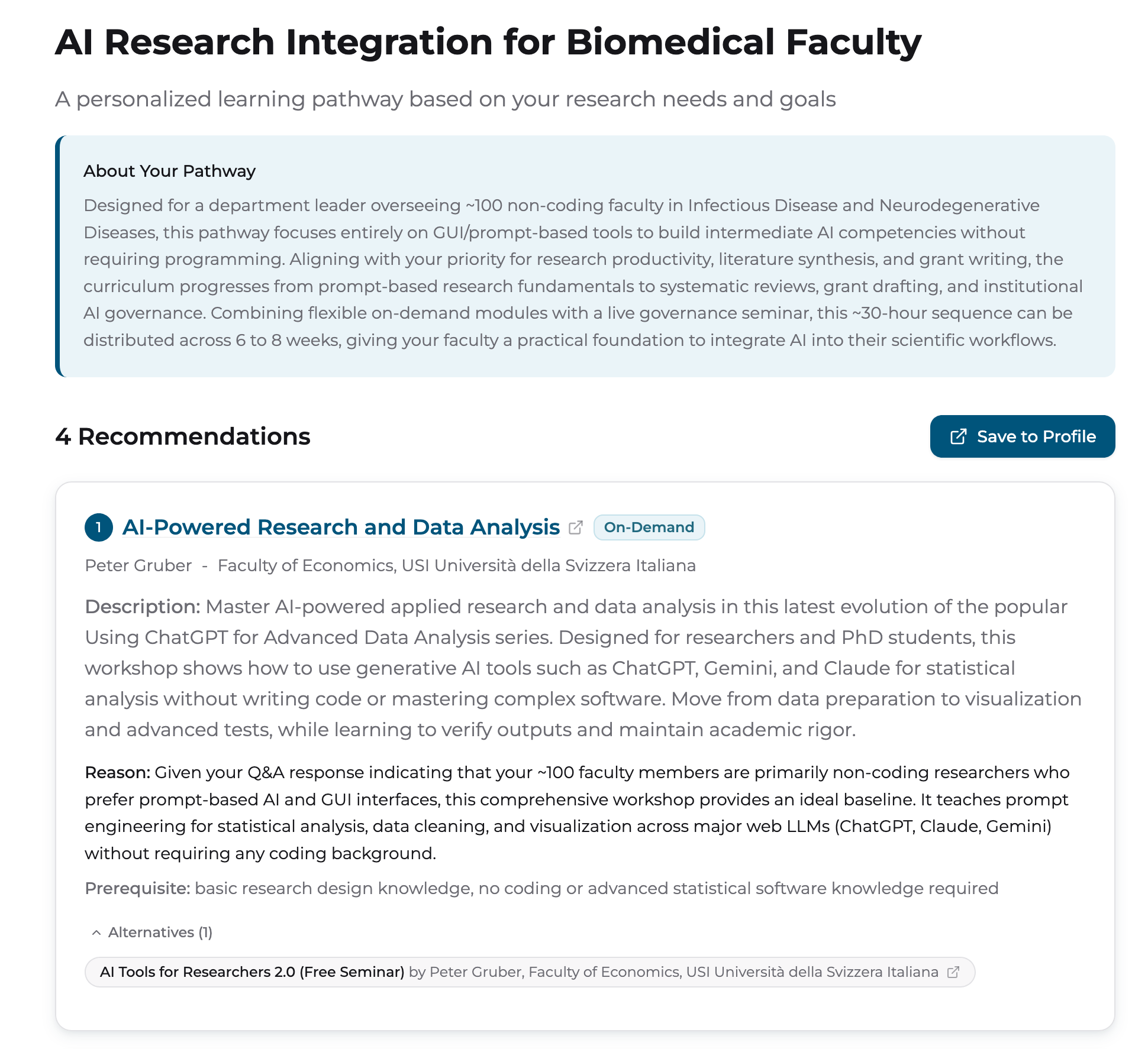 Actual Pathways result and recommendation rationale