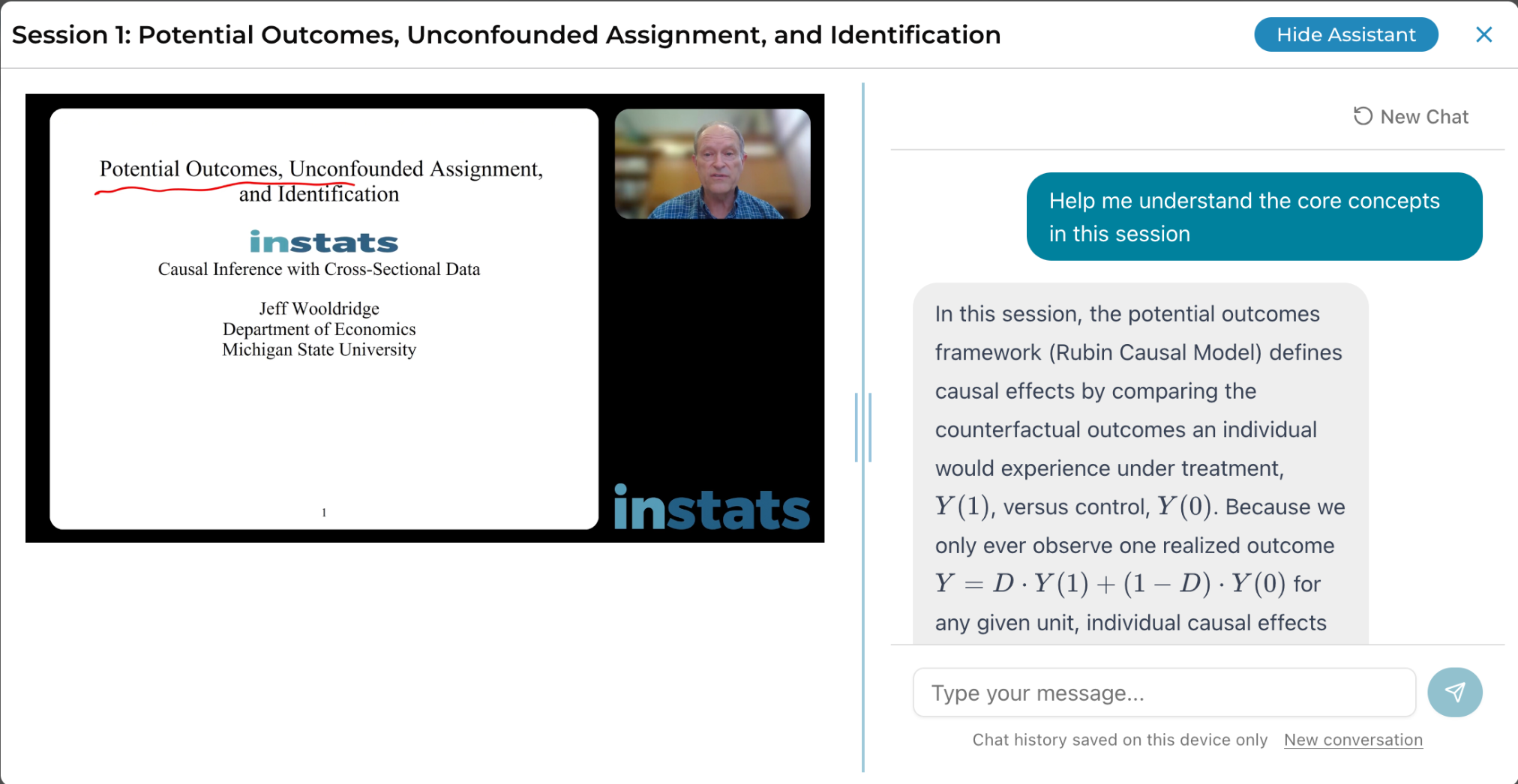 Research Assistant beside a causal-inference course video, explaining potential-outcomes concepts in the session.