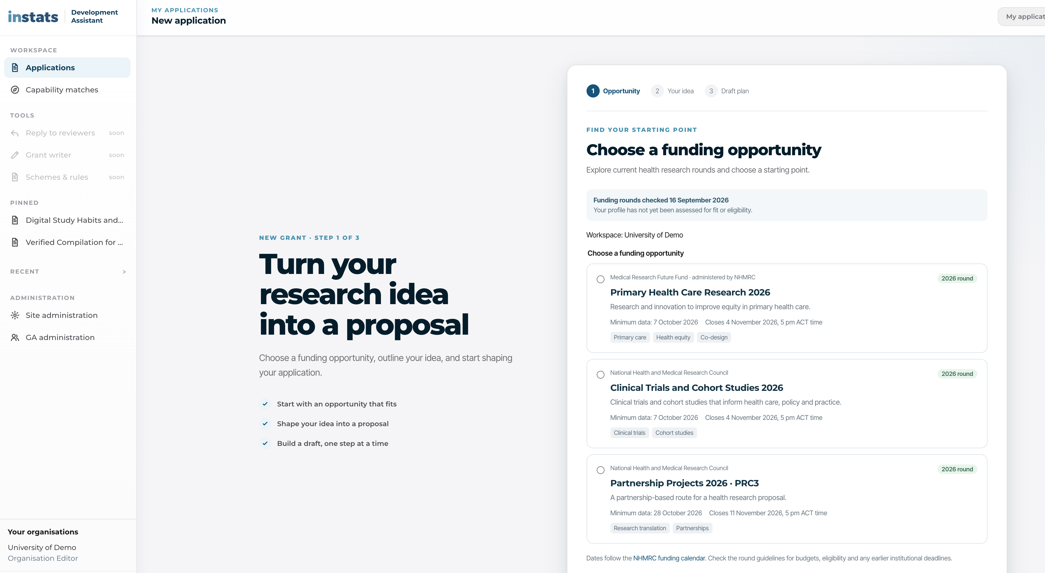 Early Development Assistant concept showing a funding opportunity selector and a starting point for a new grant proposal.
